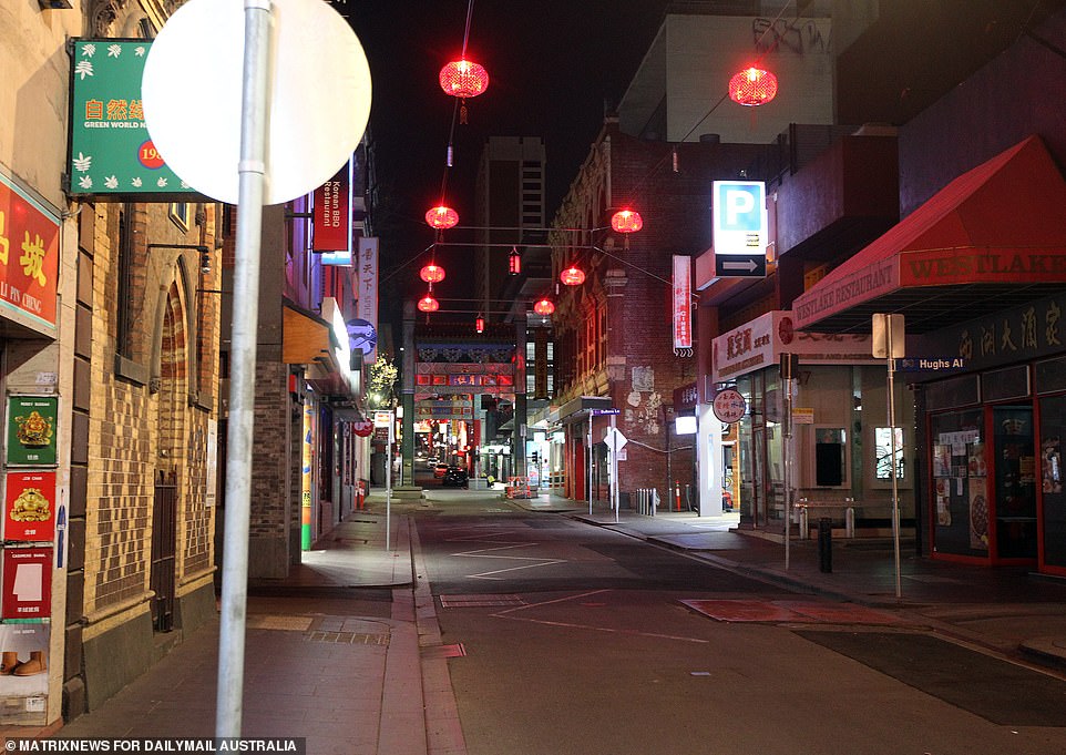 Usually packed with diners,  the bright lights were the only signs of life in Melbourne's China Town on Sunday night