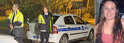 Security guards at the holiday park where a body was found last night and, inset, Emma Agnew. Main photo / Simon Baker