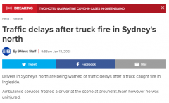 悉尼北部发生交通延迟，一卡车突然在道路上起