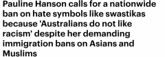 一国党党魁韩森呼吁禁止纳粹标志，称“澳人不