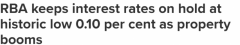 0.1%！澳储行维持官方利率历史低位，行长：考量