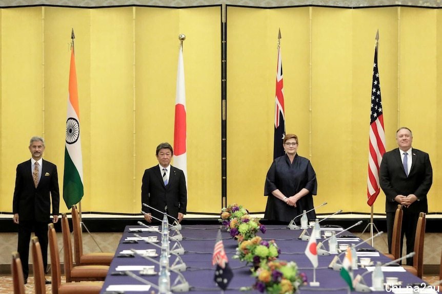 The foreign ministers of India, Japan, Australia and the US pose for a photo