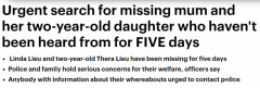 已失踪5天！警方急寻澳洲华女及其2岁女儿，她们