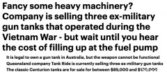 澳洲都开始卖坦克了！出售3台二手坦克，售价