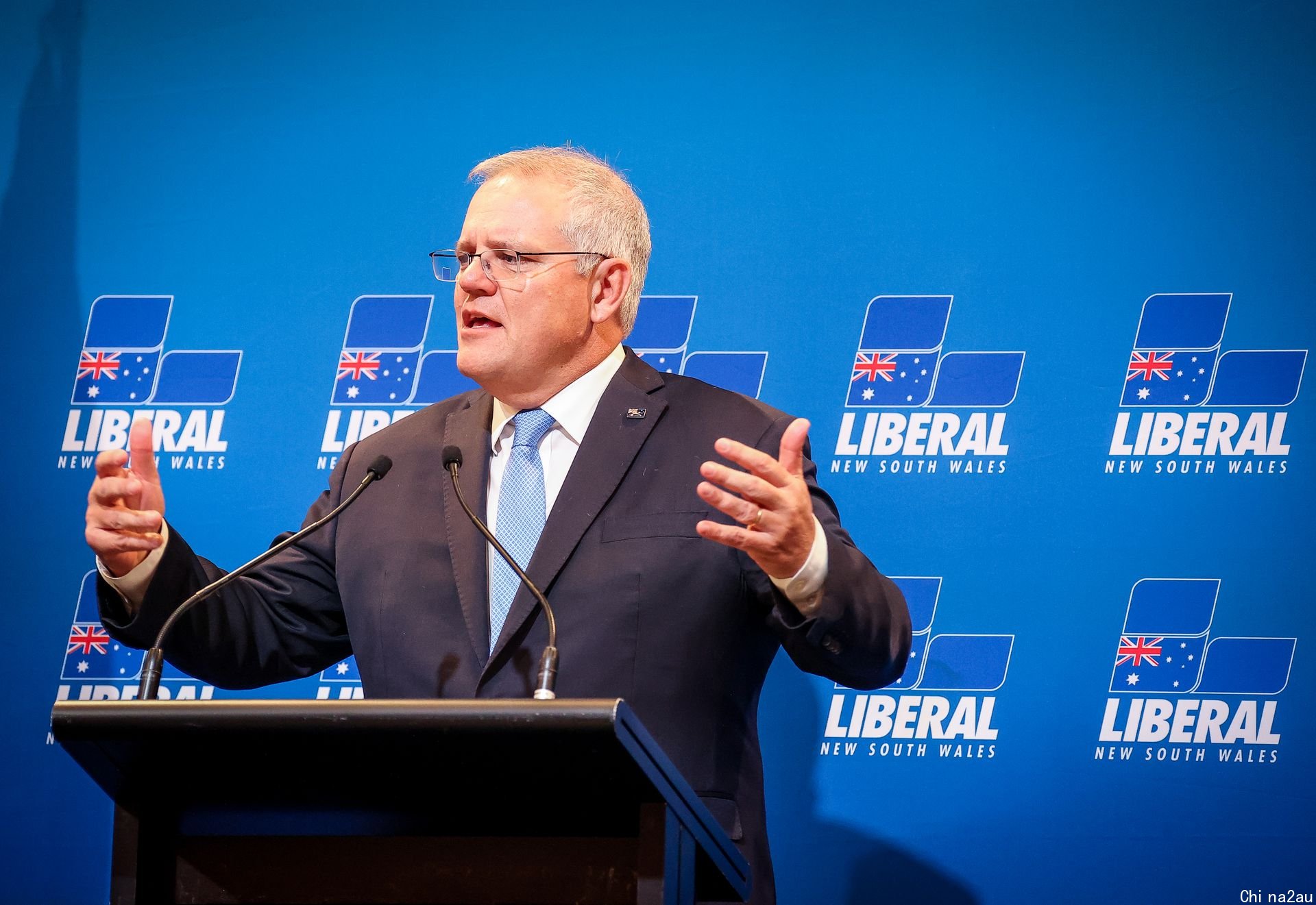 2021年5月14日，澳大利亚总理莫里森（Scott Morrison）在悉尼出席午餐会时发表讲话。（Getty）