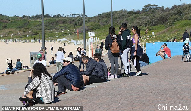 NSW Premier Gladys Berejiklian admitted it could spark a new wave of infections if people became complacent, especially if playing sport for exercise. Locals took advantage of the good weather to relax in the sun at Maroubra beachfront (seen here)