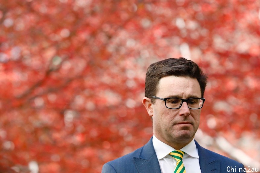 David Littleproud looks to the ground, standing in front of a tree with vibrant red leaves