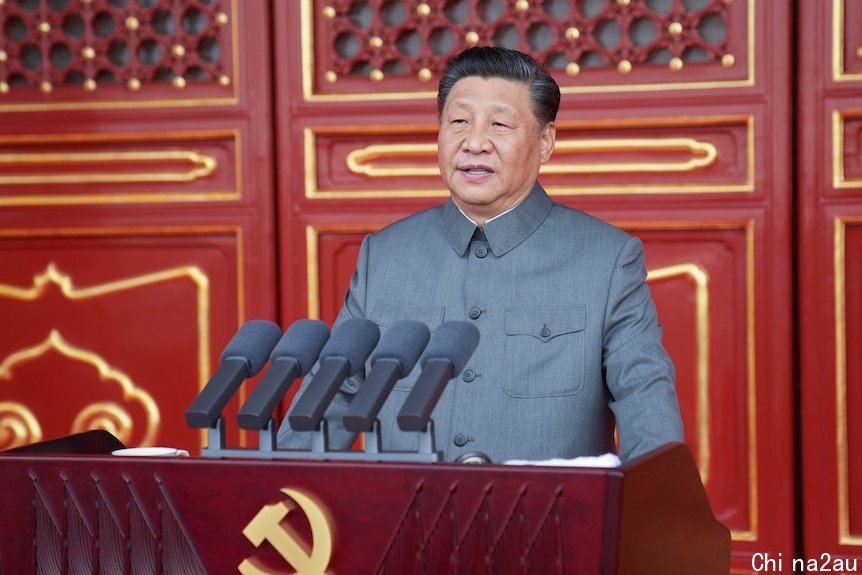 Xi Jinping delivers a speech in front of red doors and a podium with a sickle and hammer.