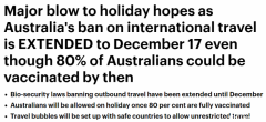国际旅行禁令再延3个月，澳人12月17日之前不得离