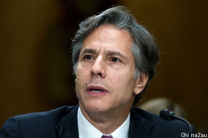 A headshot of Anthony Blinken as he testifies on Capitol Hill.