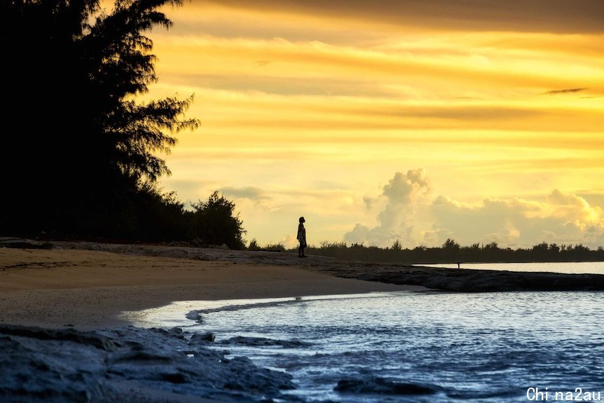 Sunset on the beach on Enewetak Atoll, Marshall Islands, October 2017.