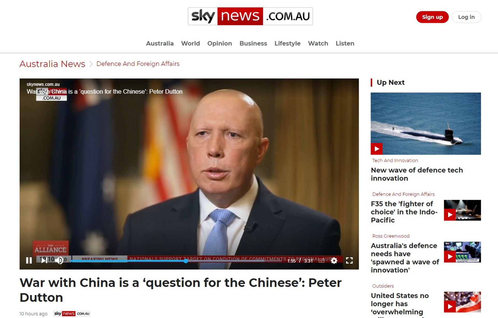 图为10月24日，澳大利亚天空新闻台（Sky News）播出澳大利亚国防部长达顿的访问。（Sky News官网裁图）