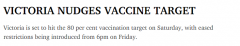 维州两剂疫苗接种率明天才达80%，今日如期解封