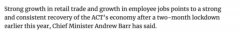 98%双针！Barr：ACT经济涨势良好，堪培拉出现第二