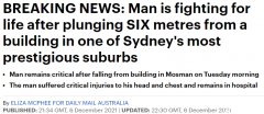 突发！悉尼富人区有人坠楼，头部及胸部受重伤