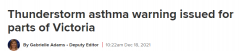 维州发布高风险风暴哮喘警告！今明两天，有这
