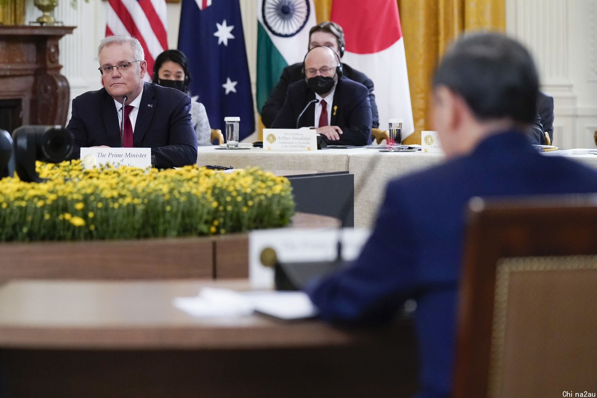 图为9月25日，前首相菅义伟访问美国出席四方安全会议。（Reuters）