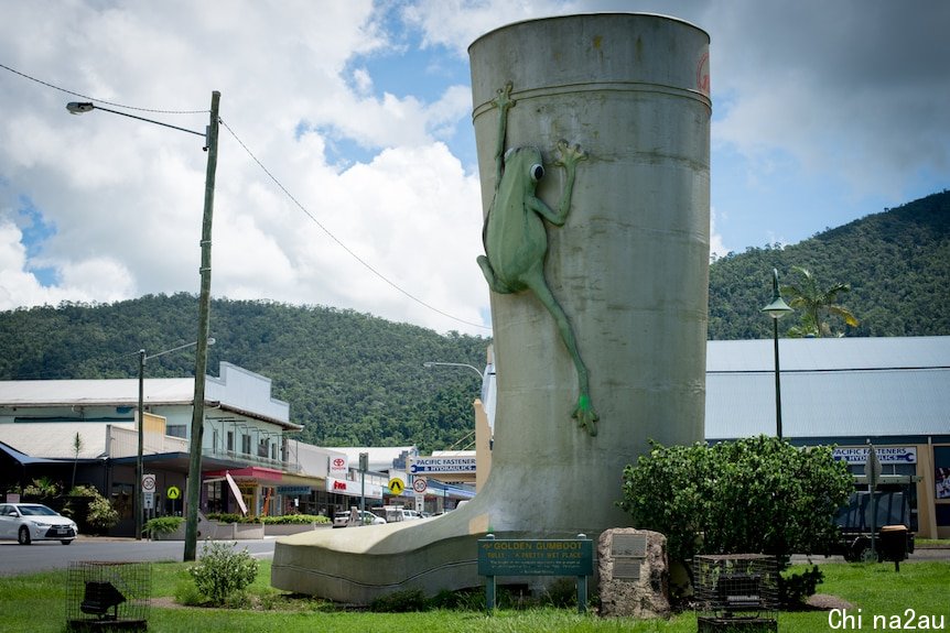 A sculpture of a giant gumboot with a green frog clinging to its side greets visitors to the far north Queensland town of Tully.