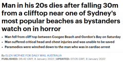 悲剧！悉尼20多岁男子坠崖身亡，事发热门海滩附