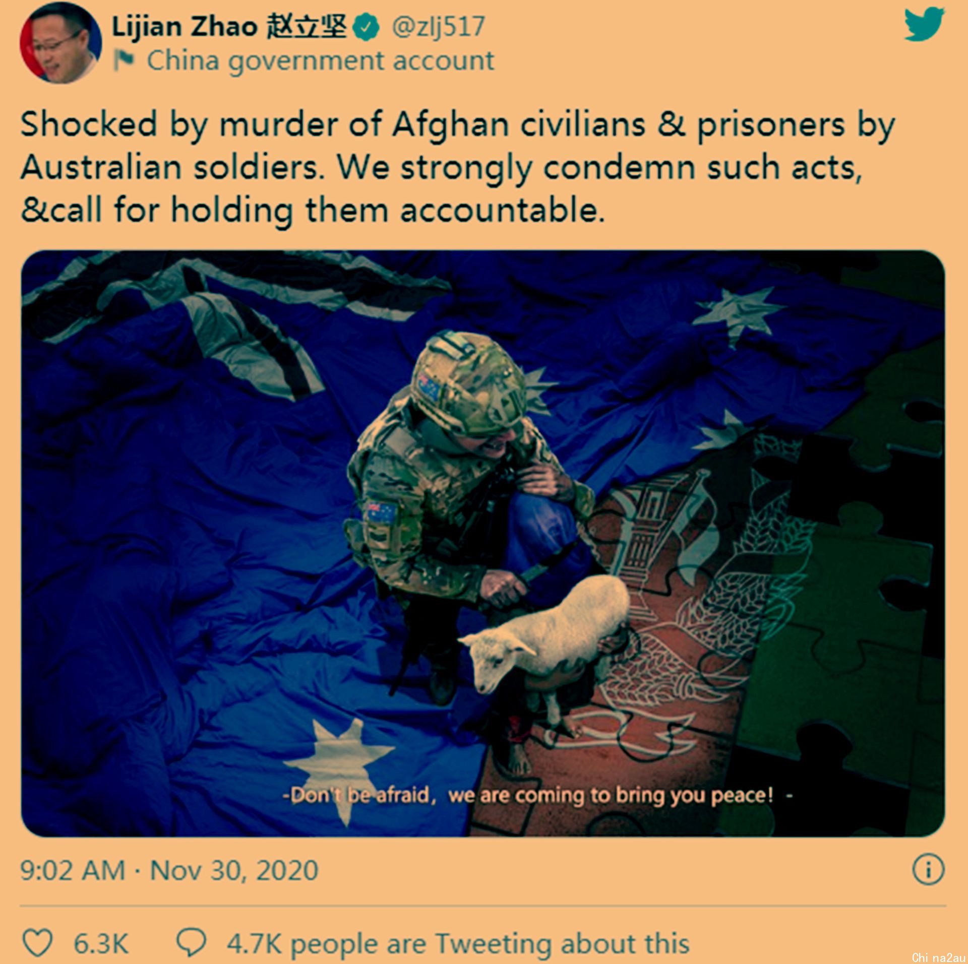 2020年11月30日，中国外交部发言人赵立坚转发漫画，讽刺澳大利亚军队在阿富汗的暴行。（Twitter@zlj517）