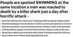 悉尼男遭鲨鱼“咬断吞噬”！今日仍有人无视路