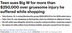 澳青少年Big W割伤跟腱，起诉Woolies集团索赔$25万