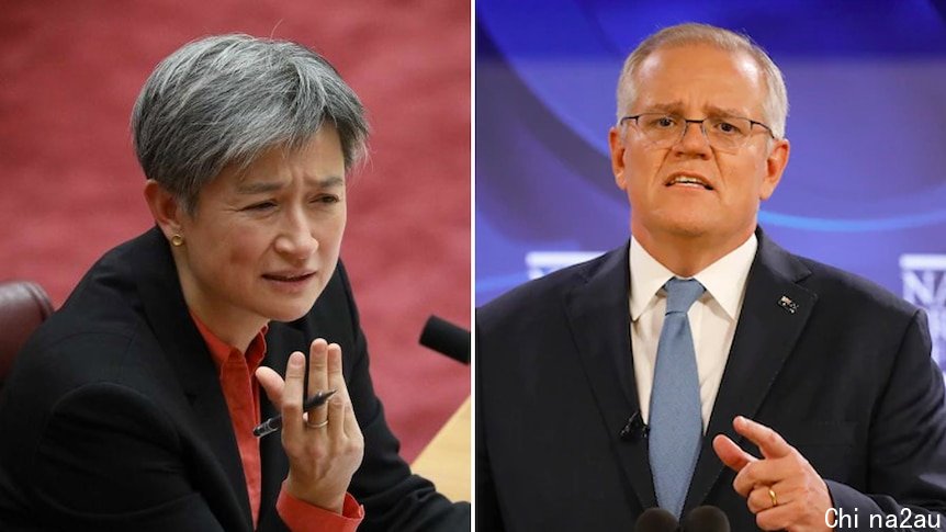 Side by side photos of Penny Wong at a microphone and Scott Morrison standing at a podium