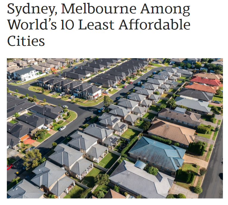 房价涨幅是工资10倍 悉尼墨尔本成全球最难负担城市