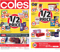 新！Coles 3月2日-3月8日折扣清单，积分送厨具活动