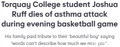 澳男孩篮球赛场哮喘发作，不幸当场死亡，家人