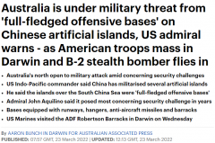 美国上将：中国将南海人工岛礁军事化，澳洲北