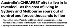 澳新两国生活成本排行出炉，悉尼墨尔本压力大