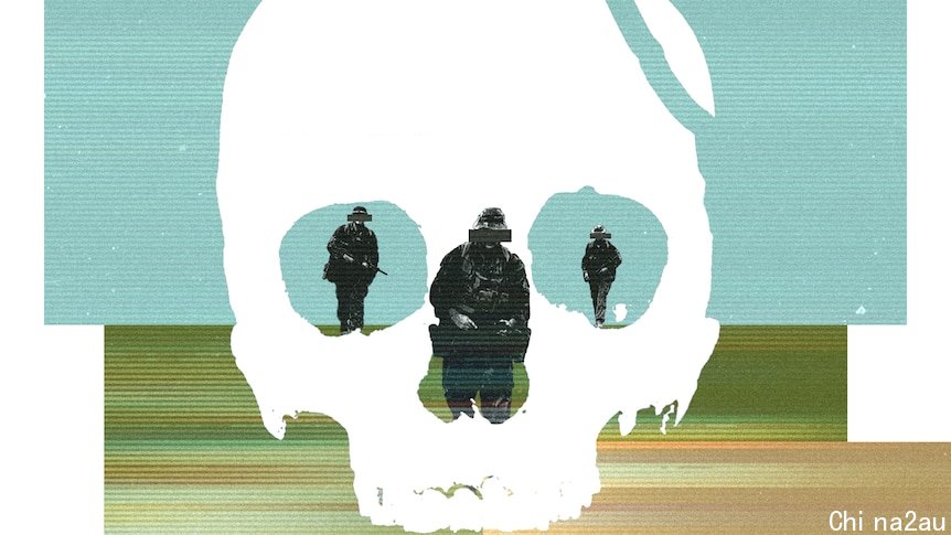 A graphic of three anonymous soldiers walking. In front of them is an illustration of a large fractured skull.