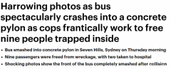 悉尼公交撞上混凝土柱，车头被撞碎！两人送医