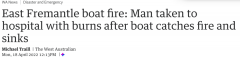 【危险】西澳Fremantle一艘船突发大火并爆炸，后沉没！一男子严重烧伤！