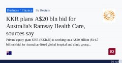 美国KKR投资集团公司提出以二百亿澳元收购Ramsay Health Care