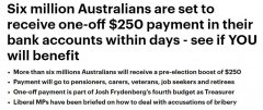 本周，澳政府将发放250刀一次性补贴，惠及600多万人，不必申请