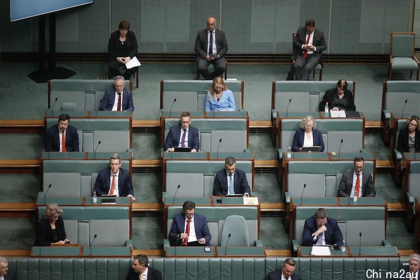 Labor politicians sit with large gaps between them in the green House of Representatives