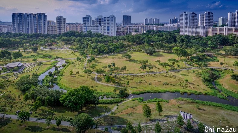 Large Singapore park with highrise buildings in the background