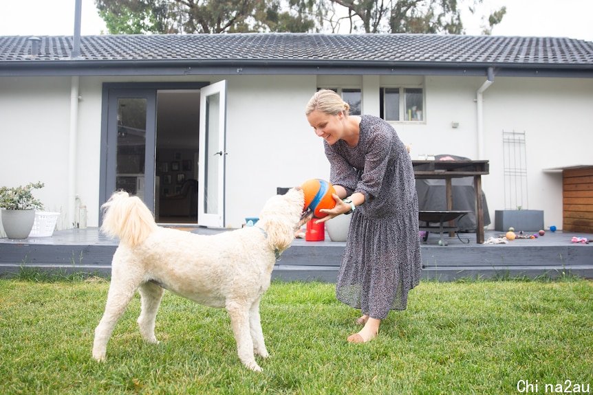 A woman in a dress plays with a white dog and a ball in a backyard.