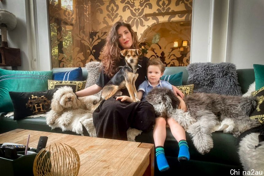 一位女士坐在沙发上，身边是三条长毛狗和一个小男孩