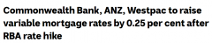 澳四大银行3家全幅跟进涨息，最后一家迟早效仿（图）