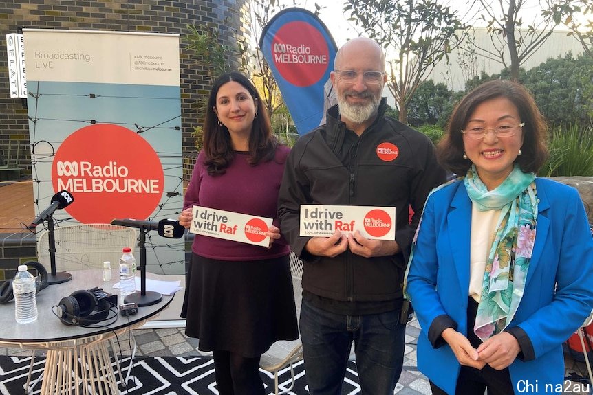 Outdoor shot of Carina Garland, Raf Epstein and Gladys Liu from left.