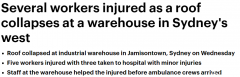 悉尼仓库屋顶倒塌！5人受伤，其中3人送医治疗（图）