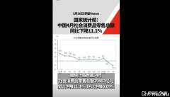 国家统计局：中国4月社会消费品零售总额同比下降11.1%