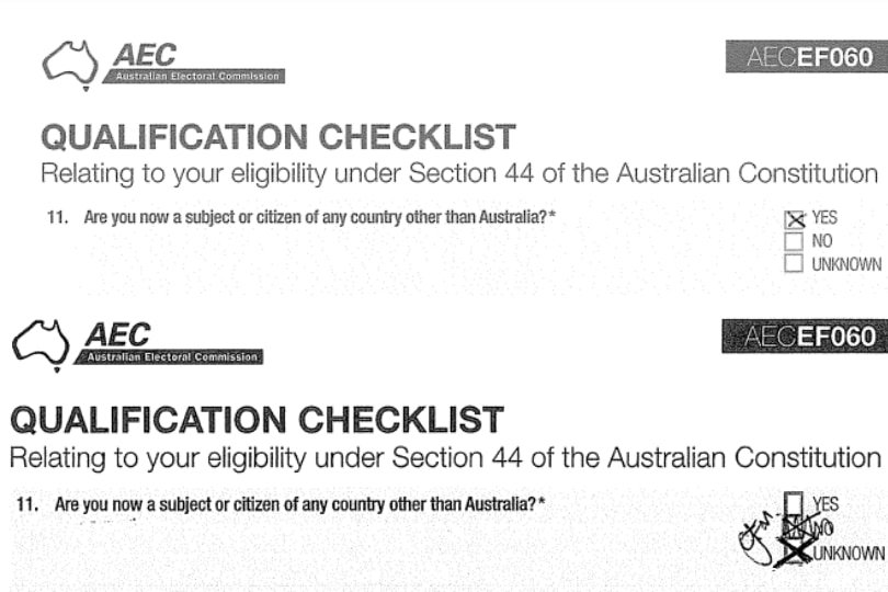 Screen shots of black and white forms with the boxes yes or unsure ticked next to a question about foreign citizenship