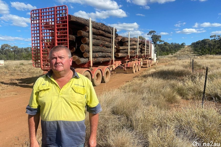 A man stands in a work shirt in front of a truckload of timber logs