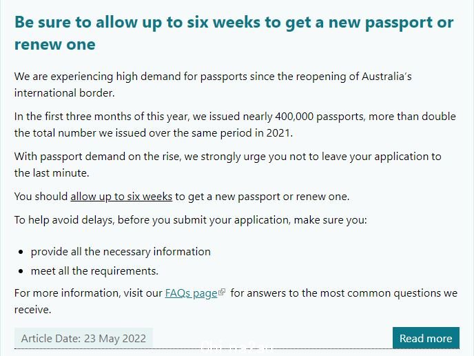 Writing on website saying to allow six weeks to get a passport