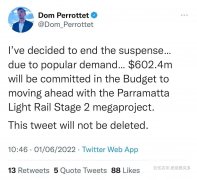 新州州长宣布拨款$6亿推进悉尼Parramatta轻轨建设，工党曾批：惯用“推迟”伎俩，实则取消