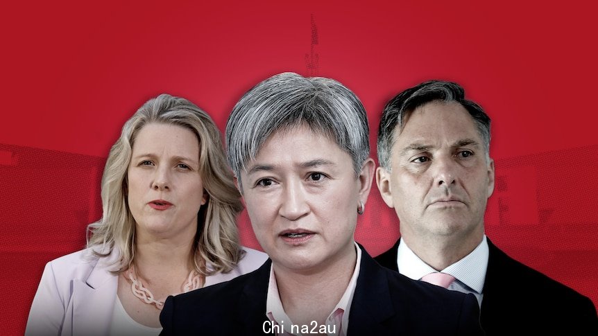 Composite image of Kirsty McBain in red jacket, Penny Wong in black jacket and Richard Marles in black jacket. Red background.